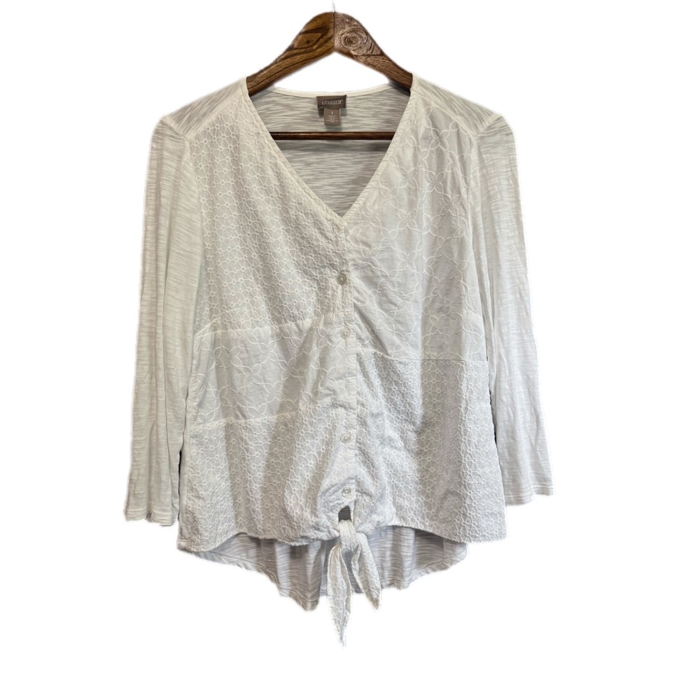 Chico's Button Front Top Womens 1 White‎ Excellent Eyelet Embroidered Tie Front